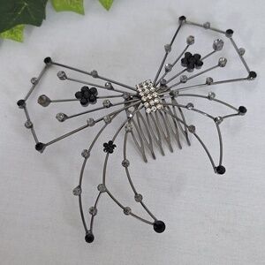 Statement Oxidized Silver Bow Hair Comb Black Smokey Rhinestone